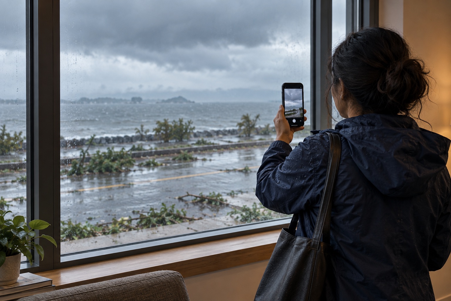 Illustration of an ordinary commuter using her phone from inside a dry building to record storm conditions outside